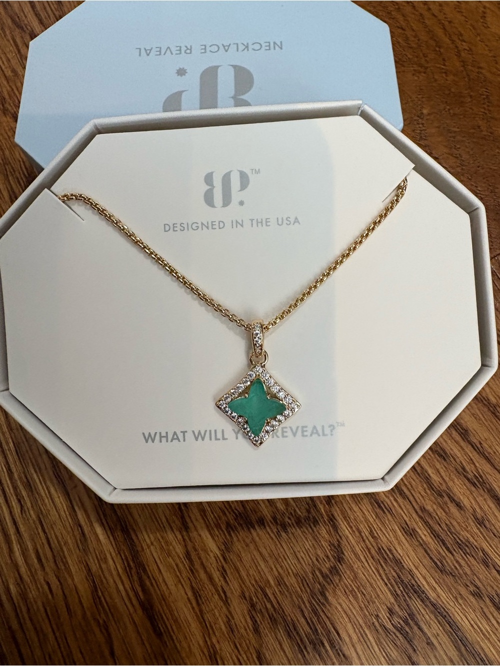 BP Gold Necklace with Green Clover Stone Pendant